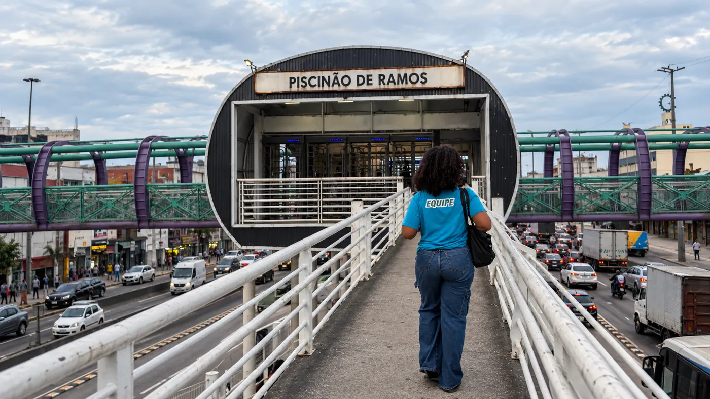 Passarela de acesso à estação Piscinão de Ramos do BRT Transbrasil, sobre a Avenida Brasil. Foto: Piscinão 24 Horas